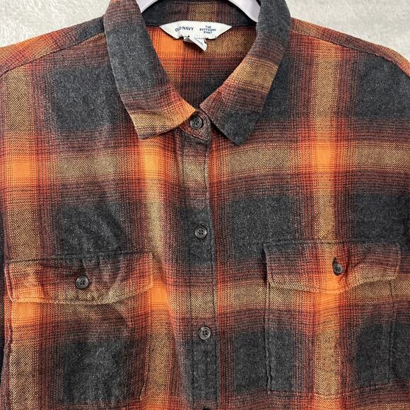 Old Navy The Boyfriend Shirt Orange Plaid Flannel Swift Swiftie Evermore XL - Picture 9 of 14
